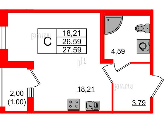 Квартира в ЖК Квартал Заречье, студия, 27.59 м², 2 этаж