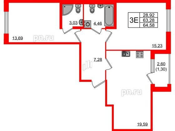 Квартира в ЖК Квартал Заречье, 2 комнатная, 64.58 м², 2 этаж