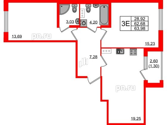 Квартира в ЖК Квартал Заречье, 2 комнатная, 63.98 м², 3 этаж