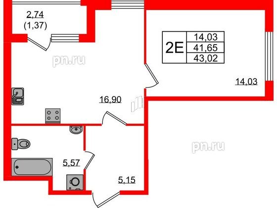 Квартира в ЖК Квартал Заречье, 1 комнатная, 43.02 м², 2 этаж