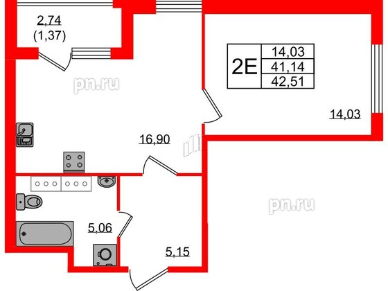 Квартира в ЖК Квартал Заречье, 1 комнатная, 42.51 м², 5 этаж