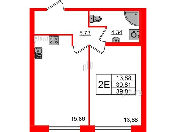 Квартира в ЖК Квартал Заречье, 1 комнатная, 39.81 м², 2 этаж