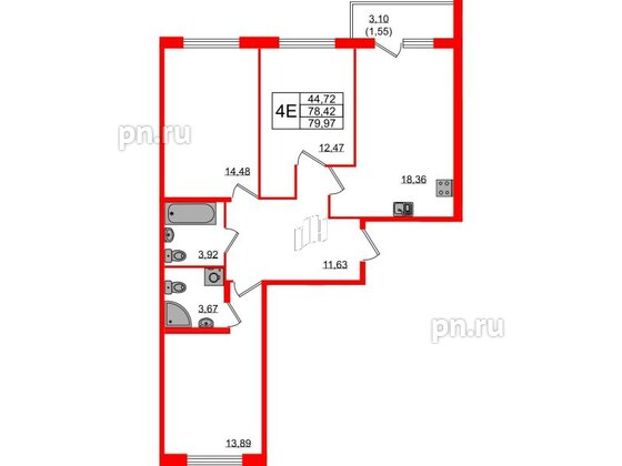 Квартира в ЖК Квартал Заречье, 3 комнатная, 79.97 м², 2 этаж