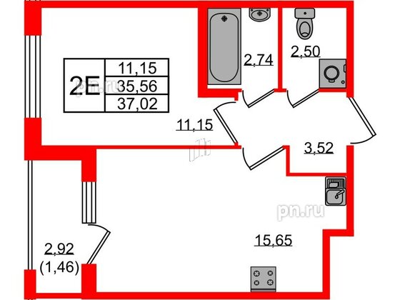 Квартира в ЖК Квартал Заречье, 1 комнатная, 37.02 м², 2 этаж