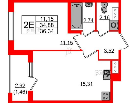 Квартира в ЖК Квартал Заречье, 1 комнатная, 36.34 м², 3 этаж