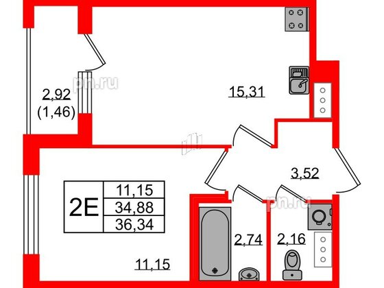 Квартира в ЖК Квартал Заречье, 1 комнатная, 36.34 м², 3 этаж