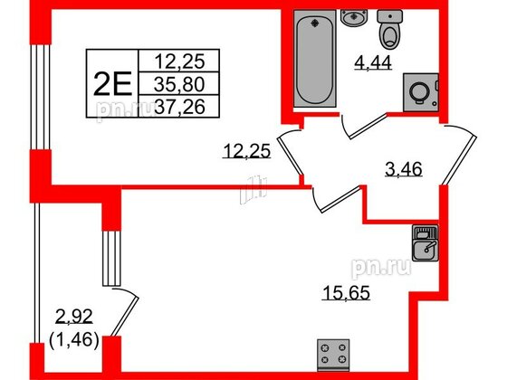 Квартира в ЖК Квартал Заречье, 1 комнатная, 37.26 м², 2 этаж