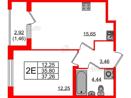 Квартира в ЖК Квартал Заречье, 1 комнатная, 37.26 м², 2 этаж