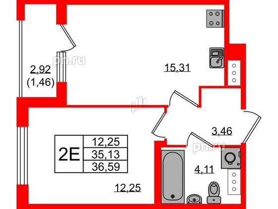 Квартира в ЖК Квартал Заречье, 1 комнатная, 36.59 м², 3 этаж