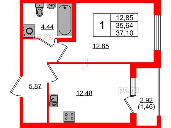 Квартира в ЖК Квартал Заречье, 1 комнатная, 37.1 м², 1 этаж