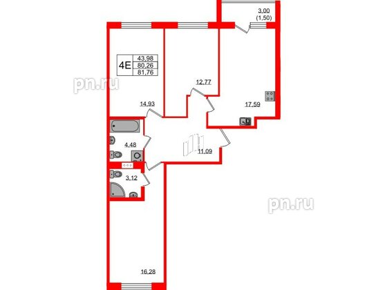 Квартира в ЖК Квартал Заречье, 3 комнатная, 81.76 м², 2 этаж