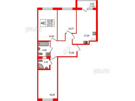 Квартира в ЖК Квартал Заречье, 3 комнатная, 81.41 м², 5 этаж