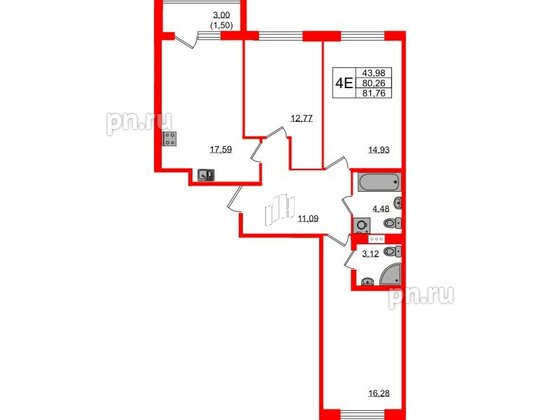 Квартира в ЖК Квартал Заречье, 3 комнатная, 81.76 м², 2 этаж