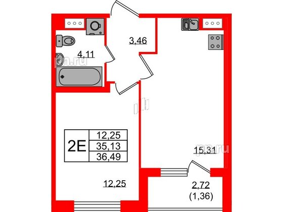 Квартира в ЖК Квартал Заречье, 1 комнатная, 36.49 м², 2 этаж