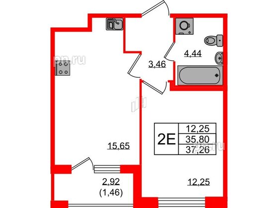 Квартира в ЖК Квартал Заречье, 1 комнатная, 37.26 м², 1 этаж