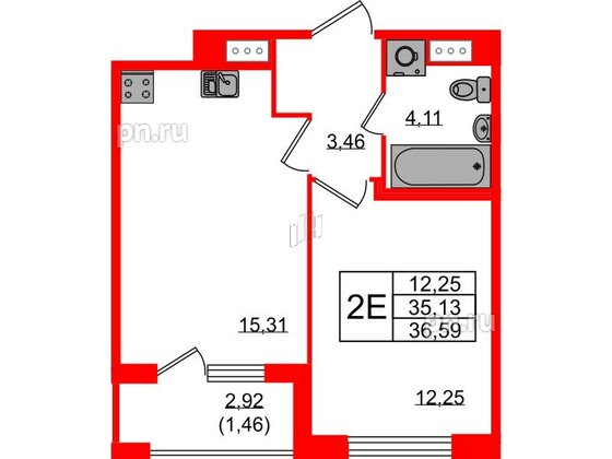 Квартира в ЖК Квартал Заречье, 1 комнатная, 36.59 м², 2 этаж