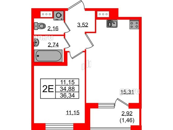 Квартира в ЖК Квартал Заречье, 1 комнатная, 36.34 м², 2 этаж