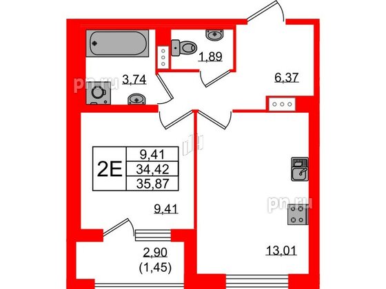 Квартира в ЖК «Квартал Заречье», 1 комнатная, 35.87 м², 7 этаж