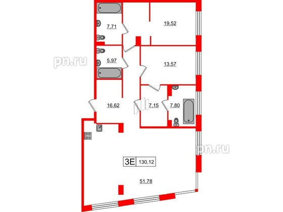 Апартаменты в ЖК 17/33 Петровский Остров, 2 комнатные, 130.12 м², 4 этаж