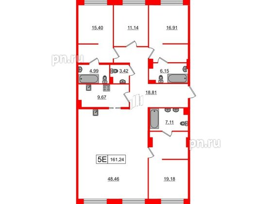 Апартаменты в ЖК 17/33 Петровский Остров, 3 комнатные, 161.24 м², 5 этаж