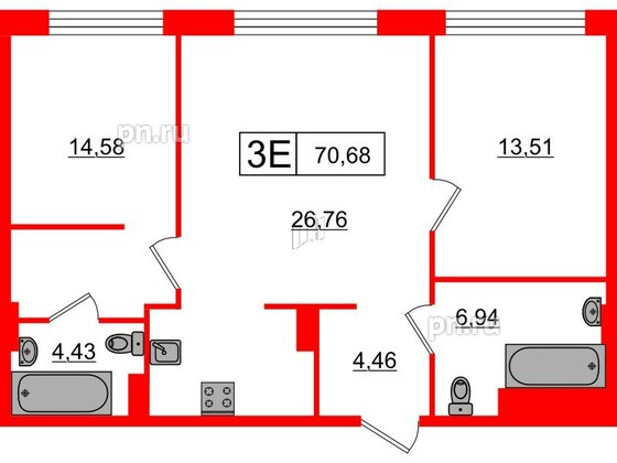 Апартаменты в ЖК 17/33 Петровский Остров, 2 комнатные, 70.68 м², 3 этаж