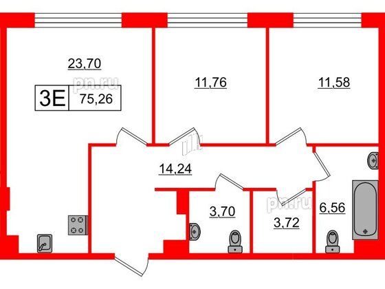 Апартаменты в ЖК 17/33 Петровский Остров, 2 комнатные, 75.26 м², 5 этаж