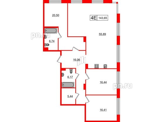 Апартаменты в ЖК 17/33 Петровский Остров, 3 комнатные, 143.65 м², 5 этаж
