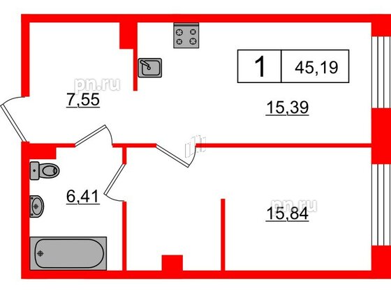 Апартаменты в ЖК 17/33 Петровский Остров, 1 комнатные, 45.19 м², 5 этаж