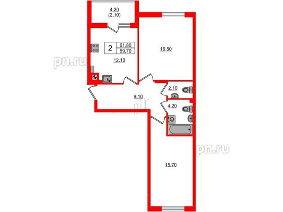 Квартира в ЖК «River Park-2», 2 комнатная, 61.8 м², 2 этаж