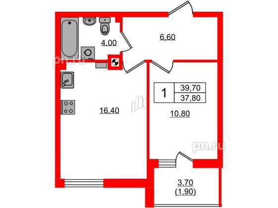 Квартира в ЖК «River Park-2», 1 комнатная, 39.7 м², 2 этаж