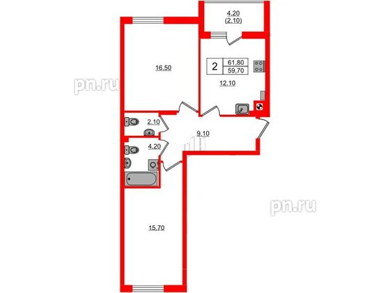 Квартира в ЖК «River Park-2», 2 комнатная, 61.8 м², 2 этаж