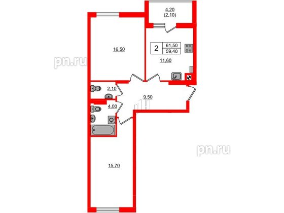 Квартира в ЖК «River Park-2», 2 комнатная, 61.5 м², 4 этаж