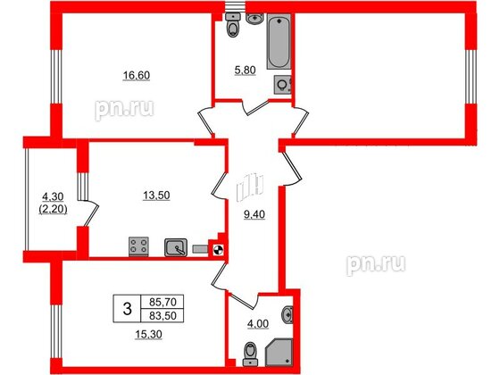 Квартира в ЖК «River Park-2», 3 комнатная, 85.7 м², 1 этаж