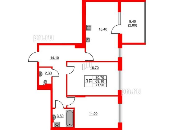 Квартира в ЖК Riviera club, 2 комнатная, 71.9 м², 4 этаж