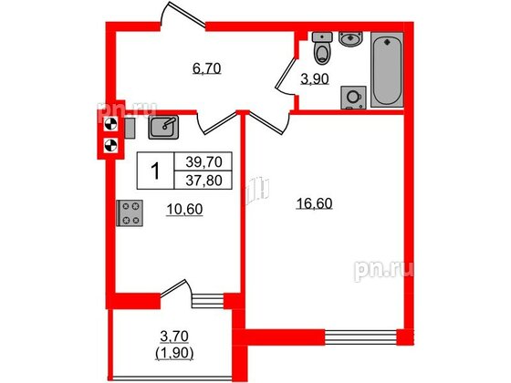 Квартира в ЖК «River Park-2», 1 комнатная, 39.7 м², 2 этаж