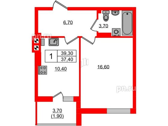 Квартира в ЖК «River Park-2», 1 комнатная, 39.3 м², 4 этаж