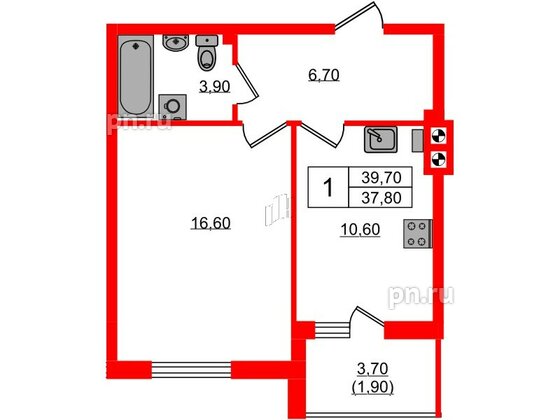 Квартира в ЖК «River Park-2», 1 комнатная, 39.7 м², 2 этаж