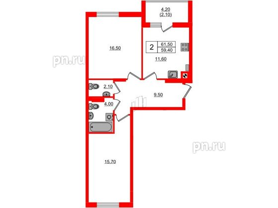 Квартира в ЖК «River Park-2», 2 комнатная, 61.5 м², 3 этаж