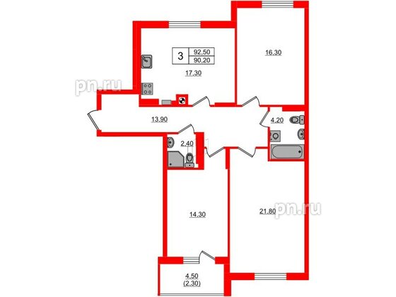 Квартира в ЖК «River Park-2», 3 комнатная, 92.5 м², 3 этаж