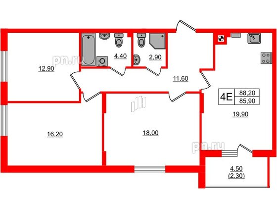 Квартира в ЖК «River Park-2», 3 комнатная, 88.2 м², 2 этаж