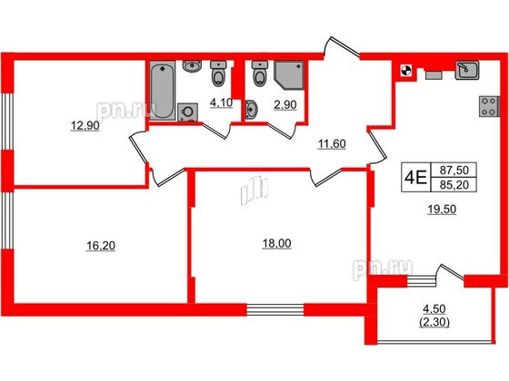 Квартира в ЖК «River Park-2», 3 комнатная, 87.5 м², 3 этаж