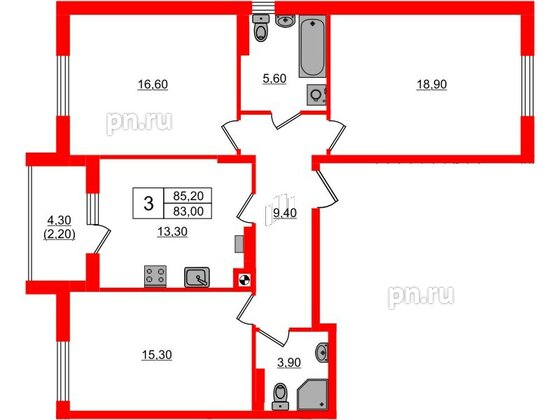 Квартира в ЖК «River Park-2», 3 комнатная, 85.2 м², 3 этаж