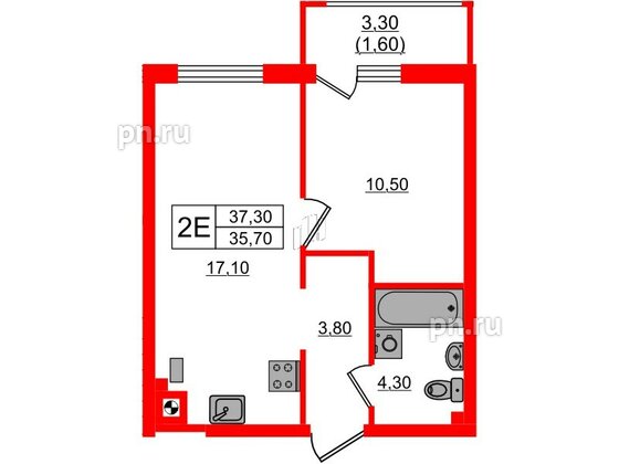 Квартира в ЖК «River Park-2», 1 комнатная, 37.3 м², 1 этаж