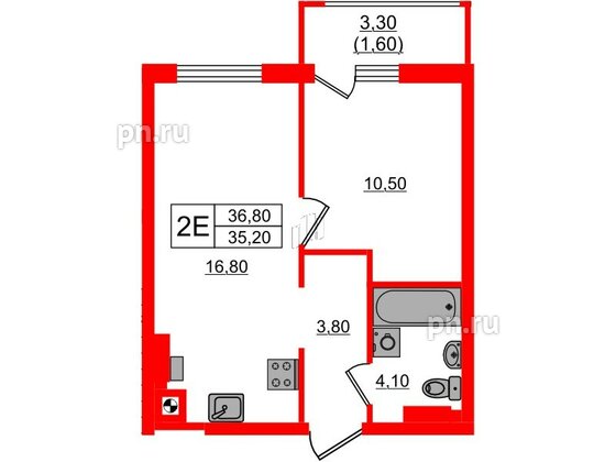 Квартира в ЖК «River Park-2», 1 комнатная, 36.8 м², 2 этаж