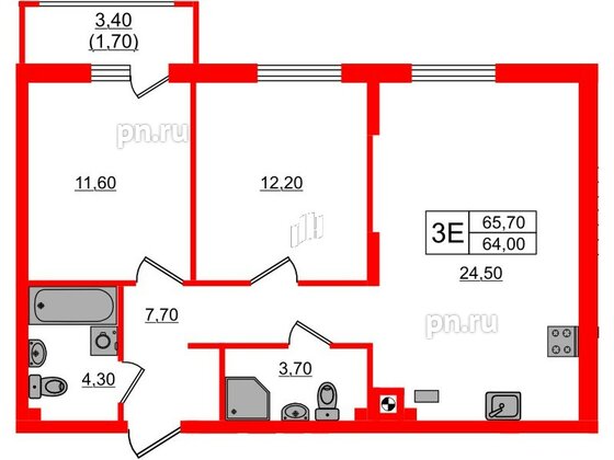 Квартира в ЖК «River Park-2», 2 комнатная, 65.7 м², 1 этаж