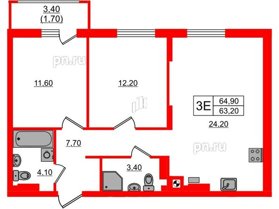 Квартира в ЖК «River Park-2», 2 комнатная, 64.9 м², 3 этаж