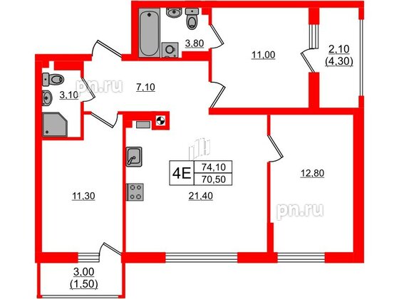 Квартира в ЖК «River Park-2», 3 комнатная, 74.1 м², 4 этаж