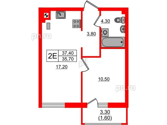 Квартира в ЖК «River Park-2», 1 комнатная, 37.4 м², 1 этаж