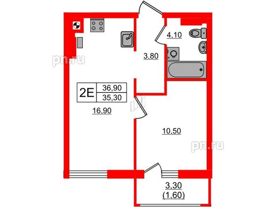 Квартира в ЖК «River Park-2», 1 комнатная, 36.9 м², 3 этаж