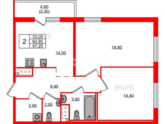 Квартира в ЖК «Окла Вижн», 2 комнатная, 67.25 м², 4 этаж